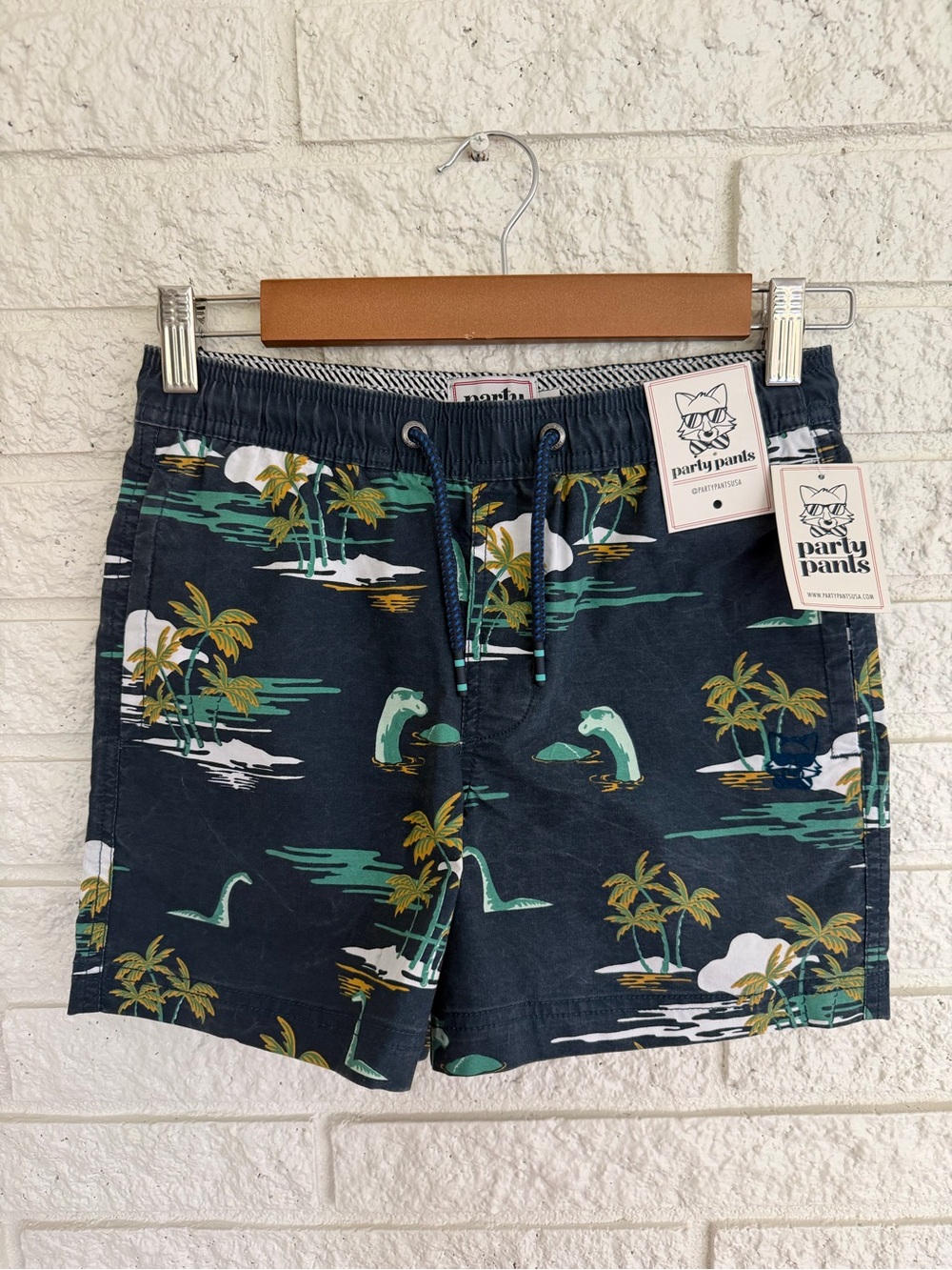 Party Pants Kids Navy Tropical Dino Lochness Monster Print Shorts